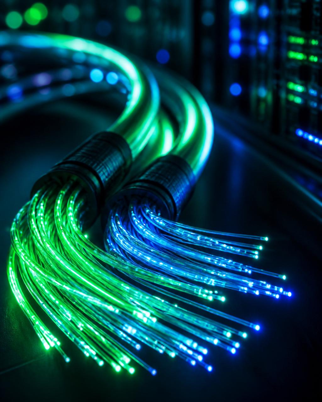 Cables de fibra óptica brillando en azul y naranja